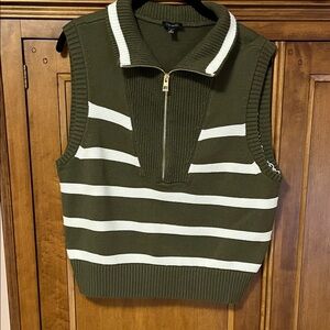 Talbots Olive and Cream Striped Zip-Up Sweater Vest NWOT